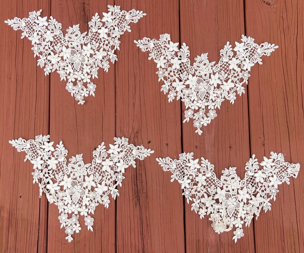 Lot of 4 Vintage White Floral Lace Applique Motifs Trims Bridal Costumes DIY
